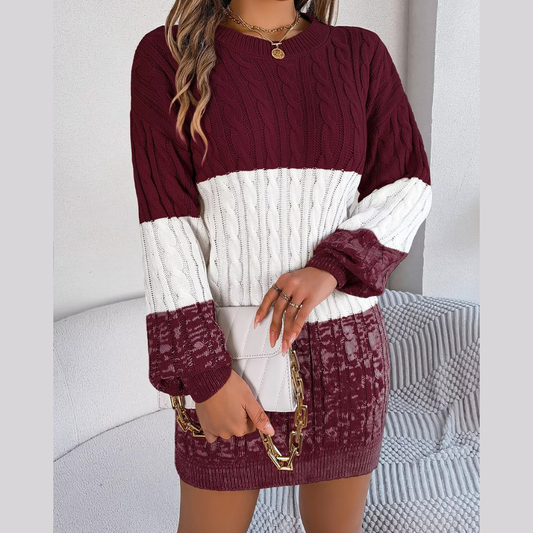 Color Block Cable Knit Sweater Dress with Textured Pattern