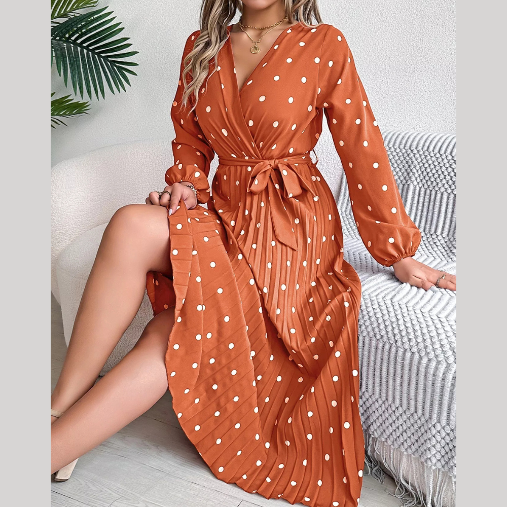 Front Tie Polka Dot Midi Pleated Dress