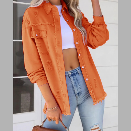 Distressed Denim Jacket with Frayed Edges