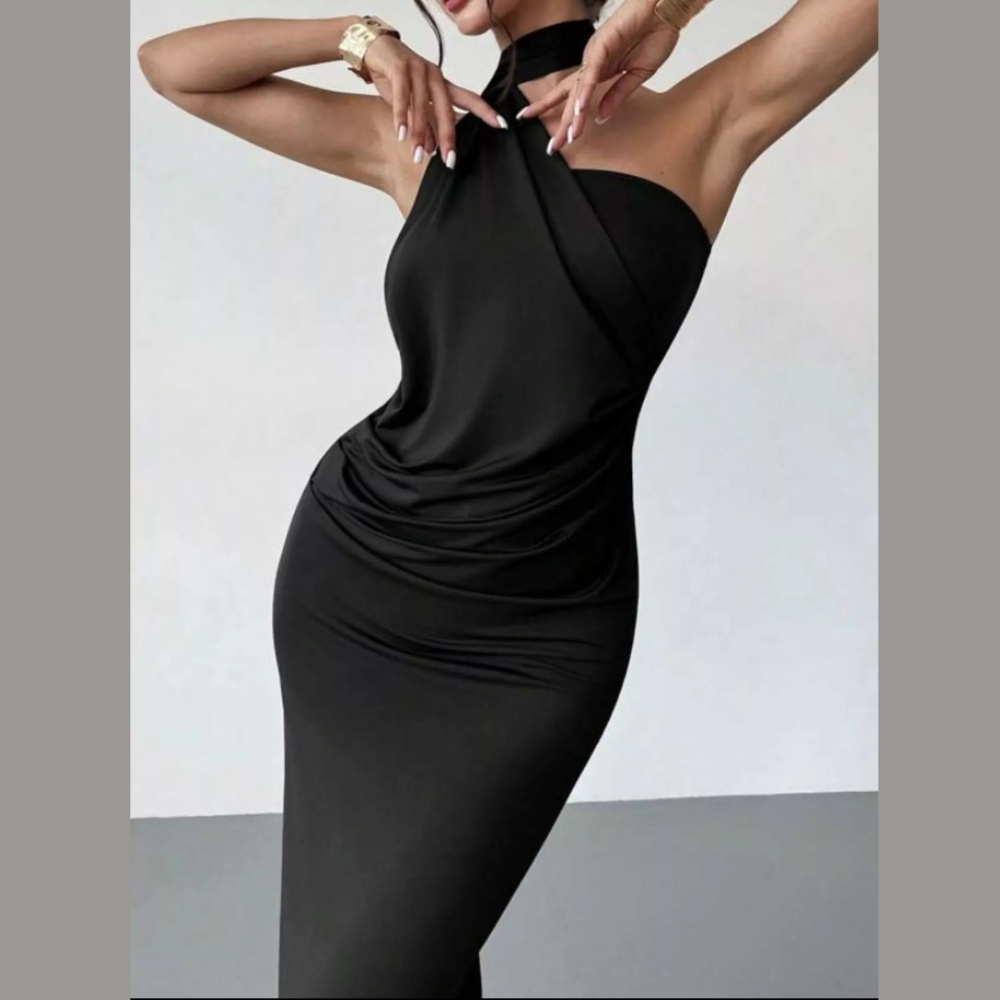 Halter Neck Ruched Bodycon Midi Dress