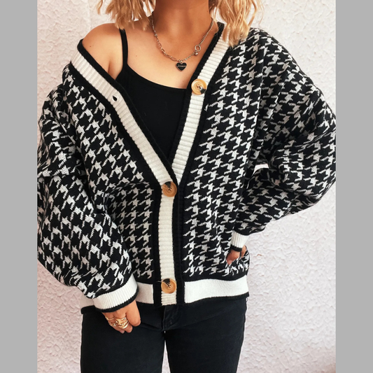 Houndstooth Pattern V-Neck Button-Up Cardigan