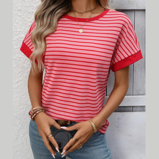 Striped Ribbed Knit Short Sleeve T-Shirt