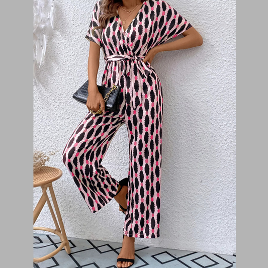 Printed Surplice Tie Waist Short Sleeve Jumpsuit