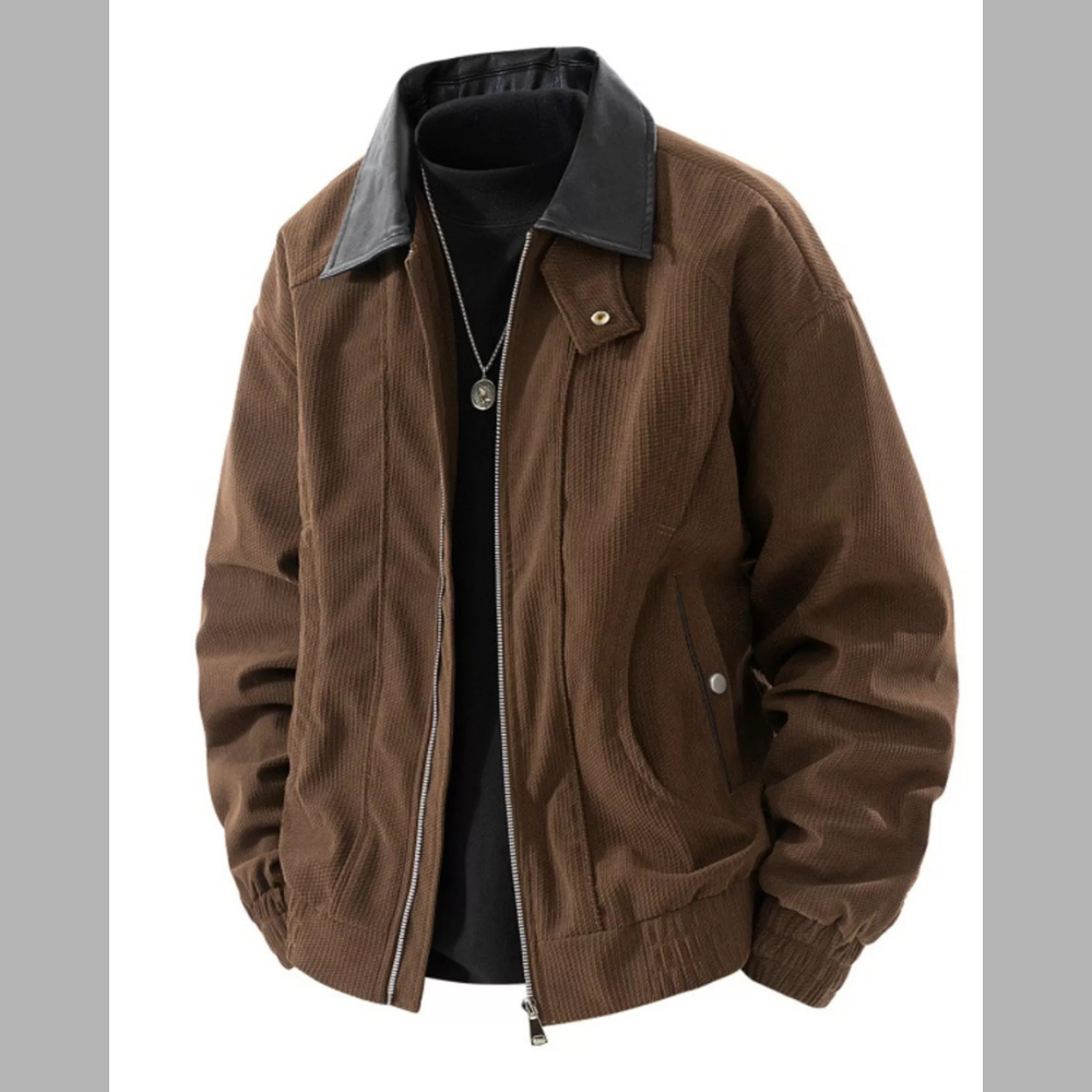 Men's Plus Size Zip Up Corduroy Jacket with Leather Collar