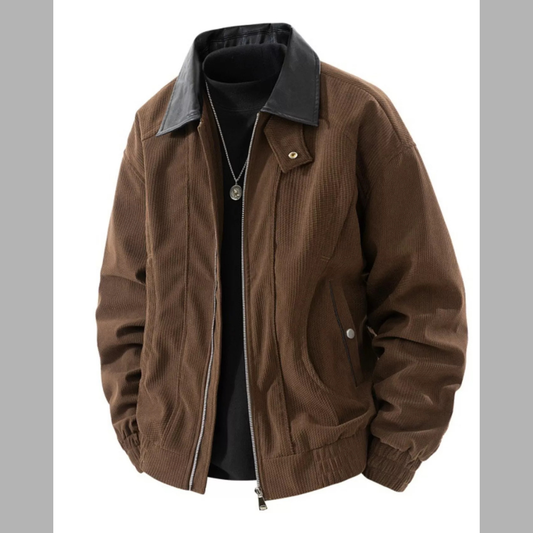 Men's Plus Size Zip Up Corduroy Jacket with Leather Collar