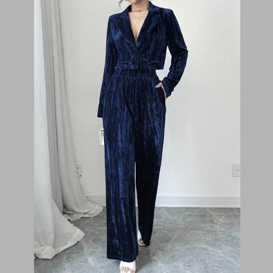 Pleated Velvet Blazer & Wide Leg Pants Set