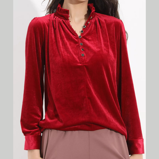 Elegant Velvet Ruffle Neck Blouse