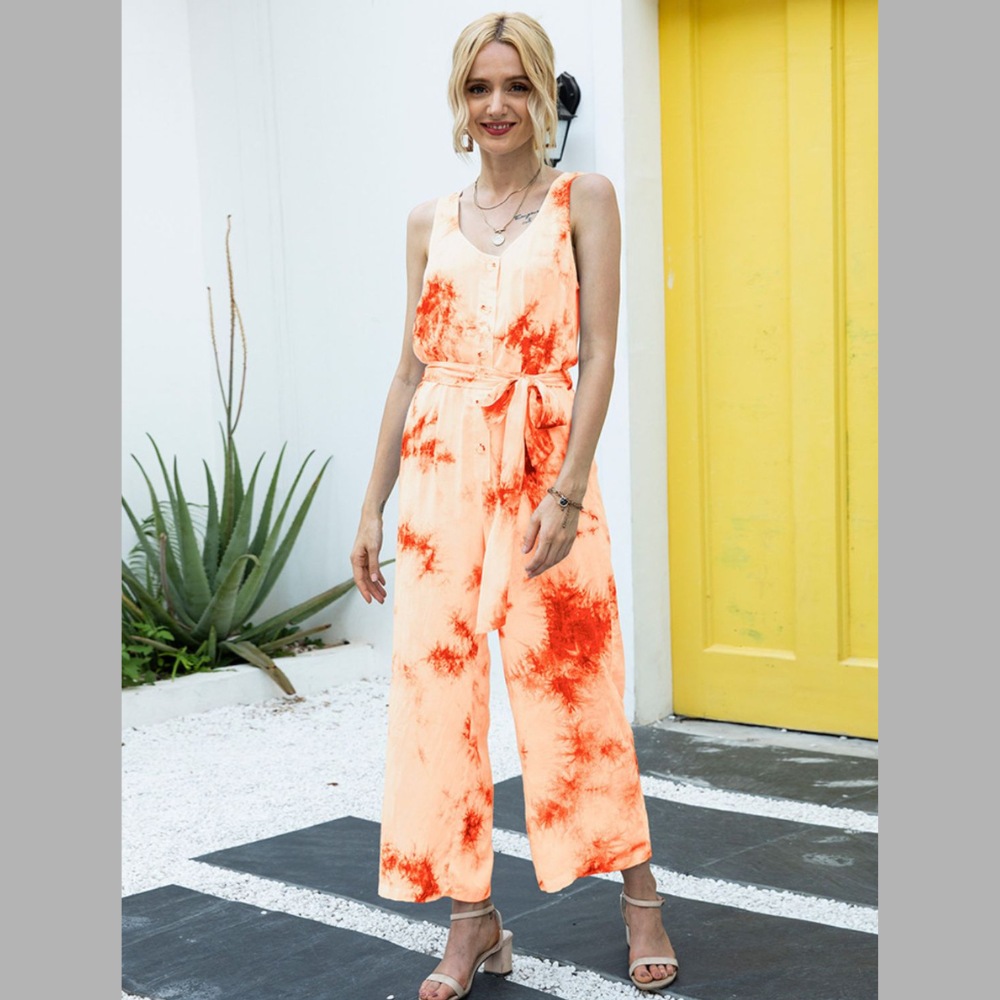 Ivy Lane Tie-Dye Tie Waist Sleeveless Jumpsuit
