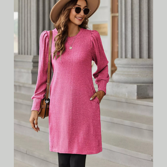Ribbed Knit Puff Sleeve Casual Mini Dress